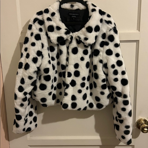 Polka Dot Faux Fur Black and White Cropped Jacket L - Picture 1 of 9